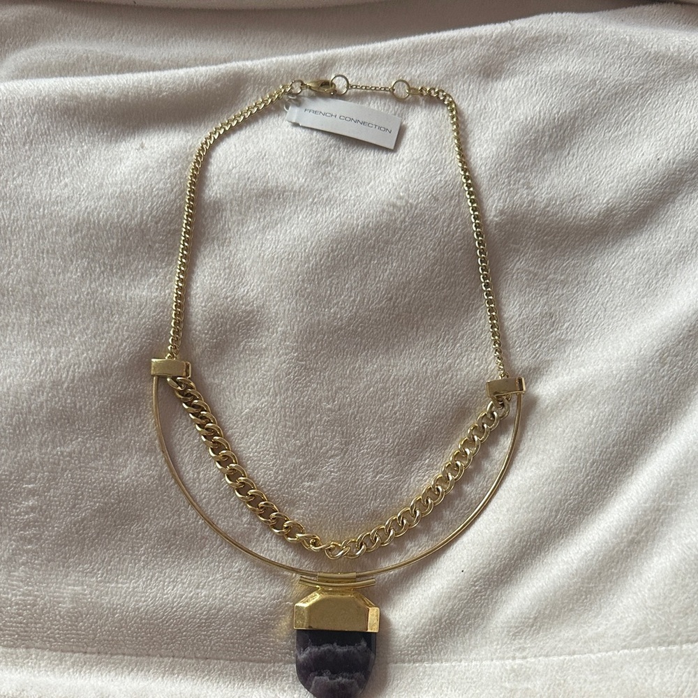 French Connection Gold Necklace with Amethyst Pendant